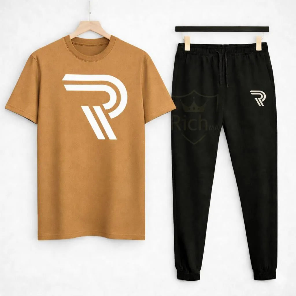 Men’s R-Logo Cotton Tracksuit Set – Brown & Black