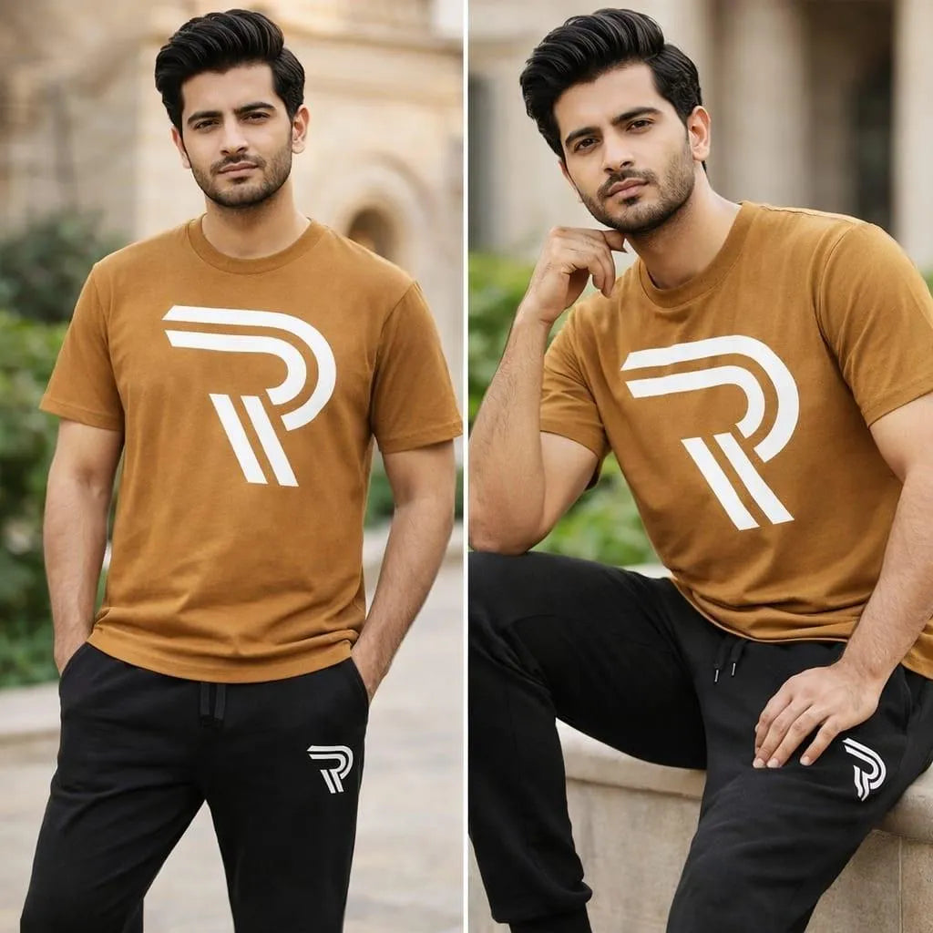 Men’s R-Logo Cotton Tracksuit Set – Brown & Black