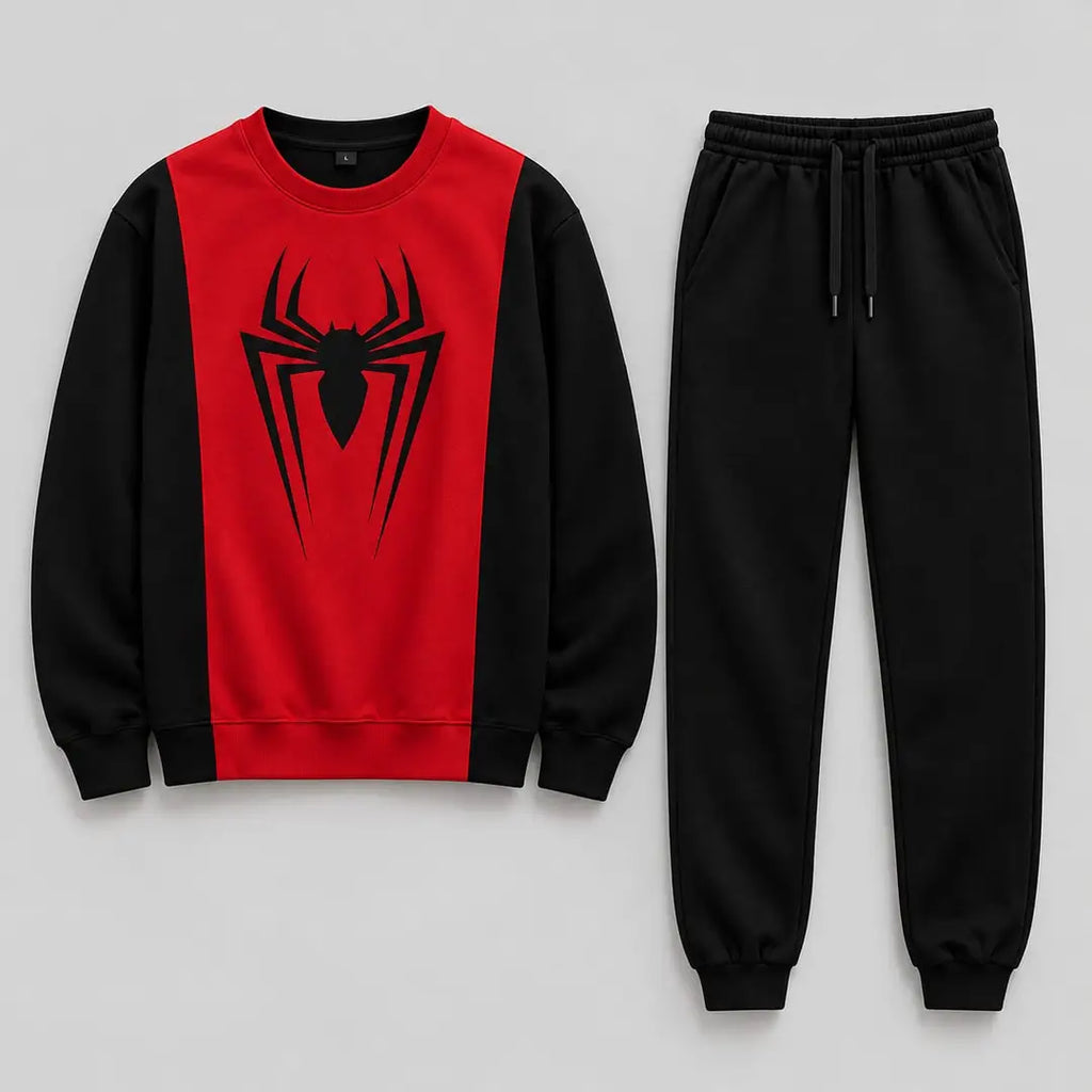 Men’s Spider Print Winter Tracksuit Set – Red & Black