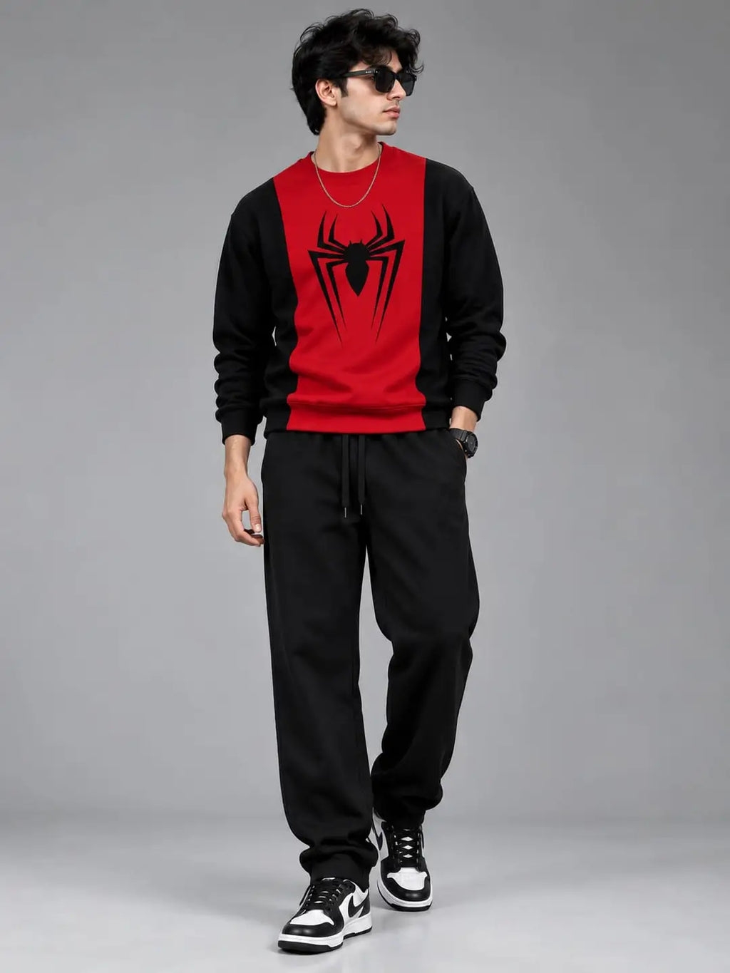 Men’s Spider Print Winter Tracksuit Set – Red & Black