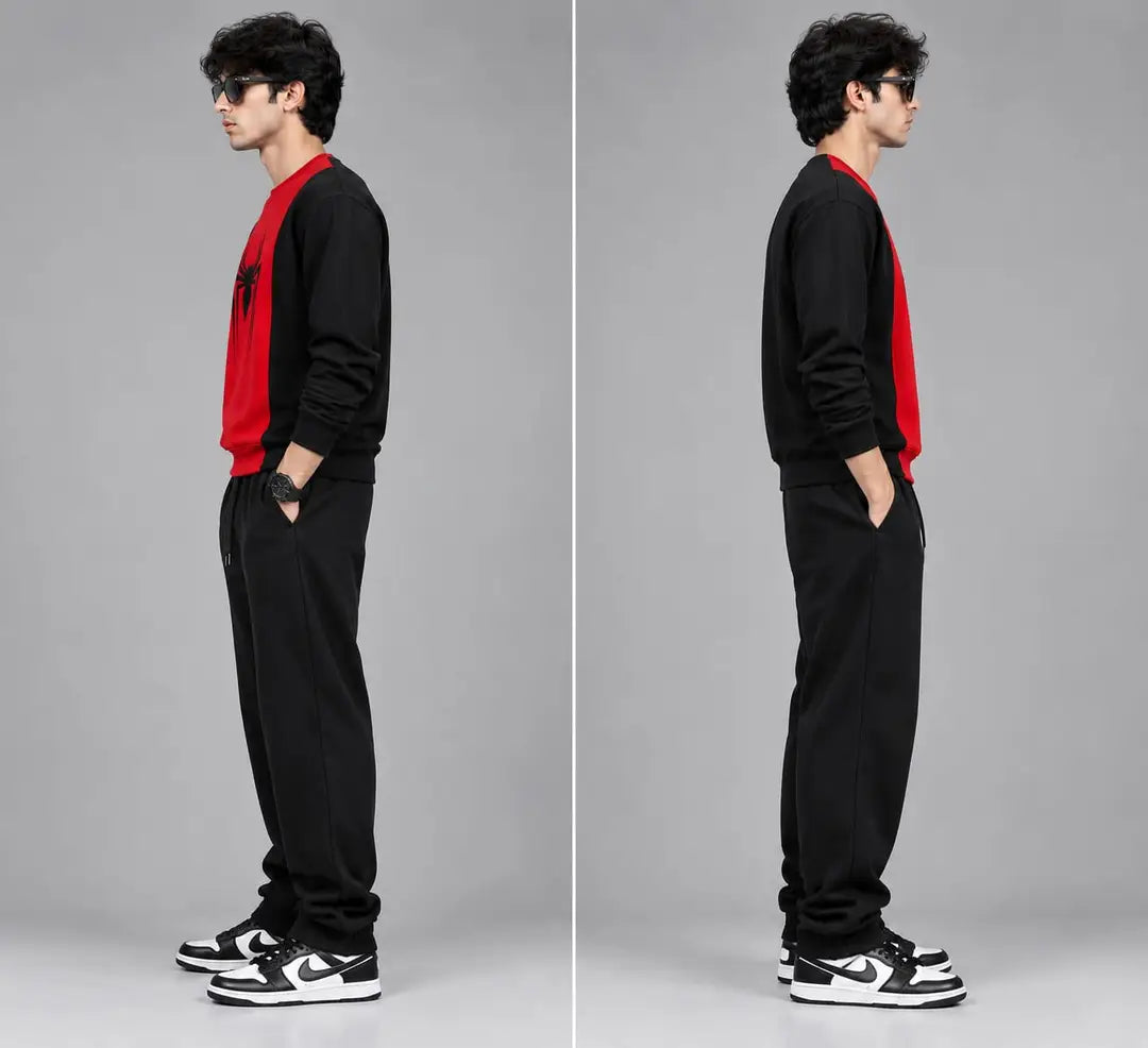 Men’s Spider Print Winter Tracksuit Set – Red & Black