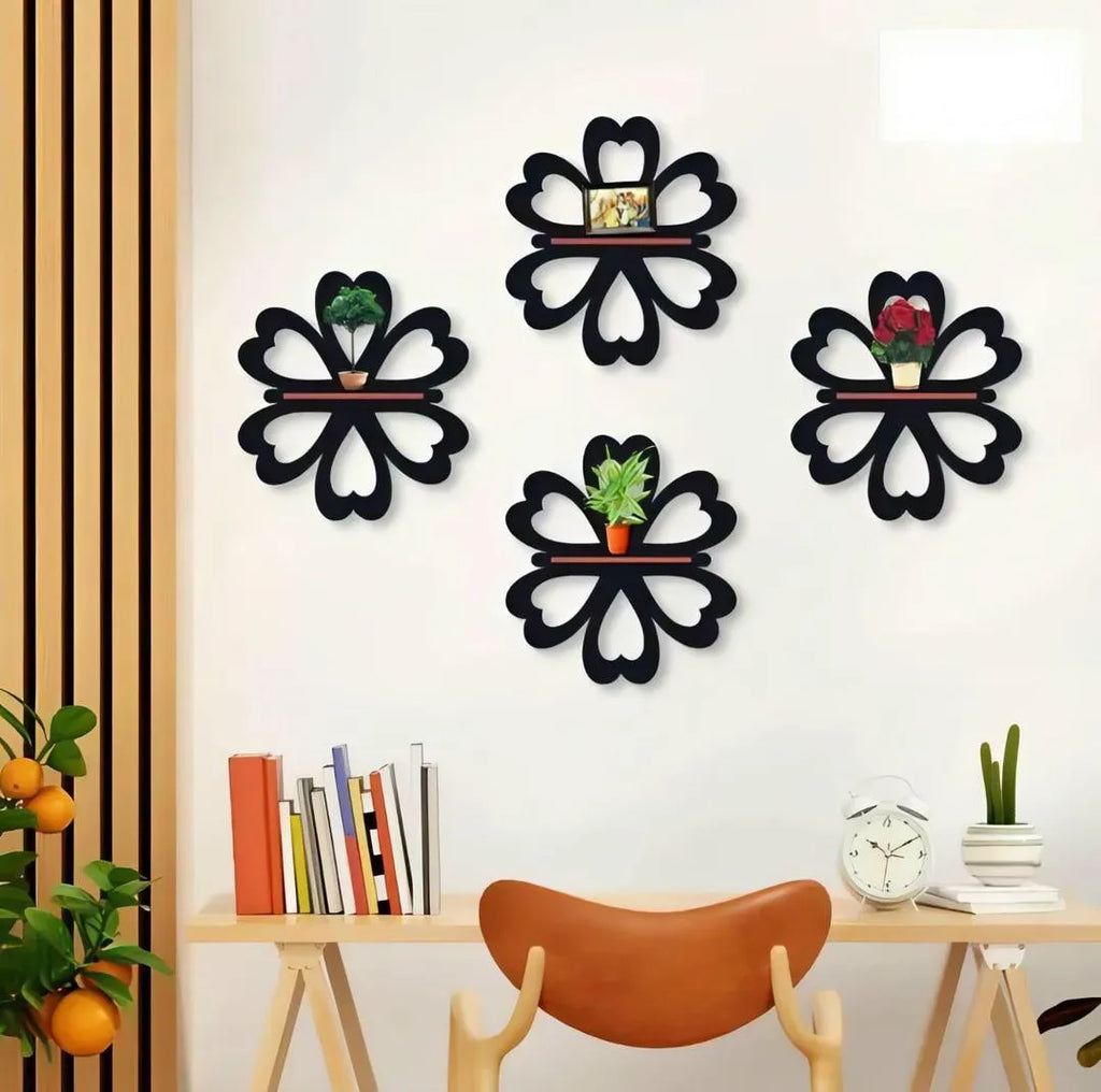 Set of 4 Black Flower Wall Shelves – Elegant Decorative Wall-Mounted Storage