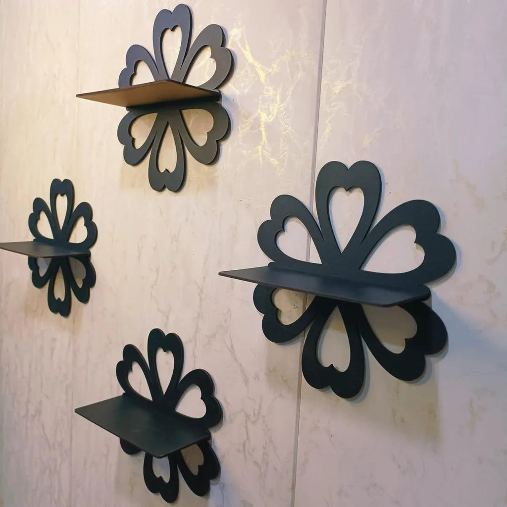 Set of 4 Black Flower Wall Shelves – Elegant Decorative Wall-Mounted Storage