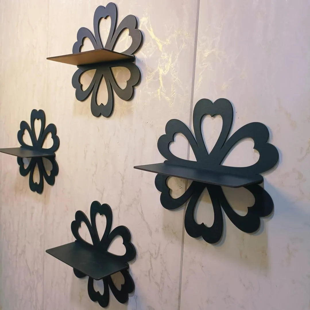 Set of 4 Black Flower Wall Shelves – Elegant Decorative Wall-Mounted Storage