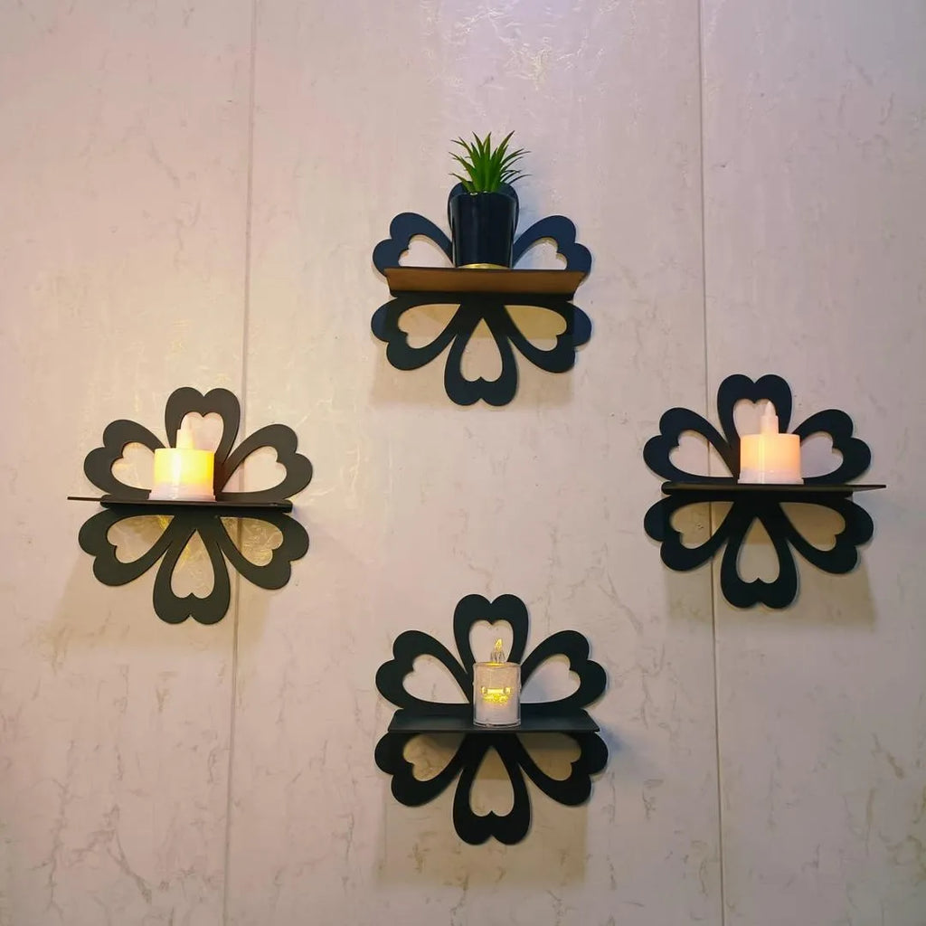 Set of 4 Black Flower Wall Shelves – Elegant Decorative Wall-Mounted Storage